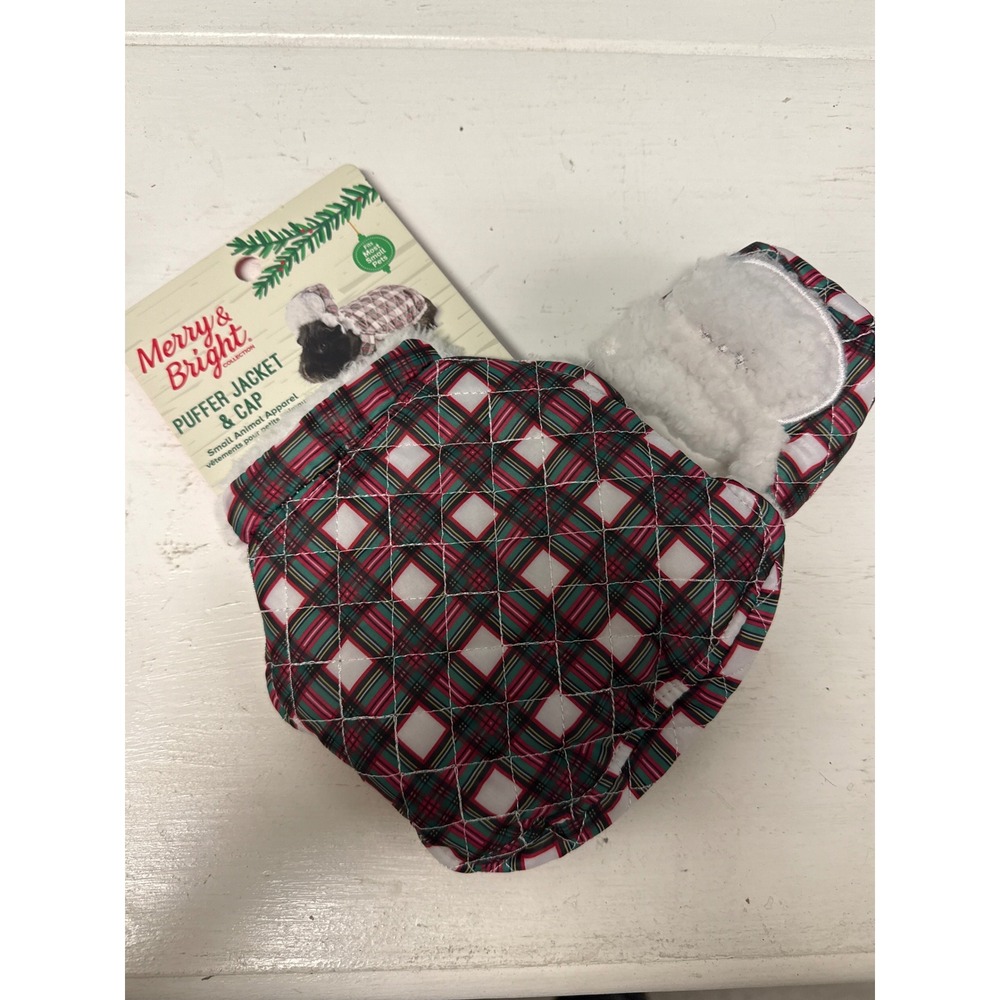 Merry &‎ Bright Small Pet Puffer Jacket & Cap Christmas Holiday Plaid Outfit